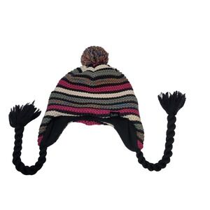 Bula Tassel Striped Knit Hat with Pom Pom and Ear Flaps Black Pink Cream Gray